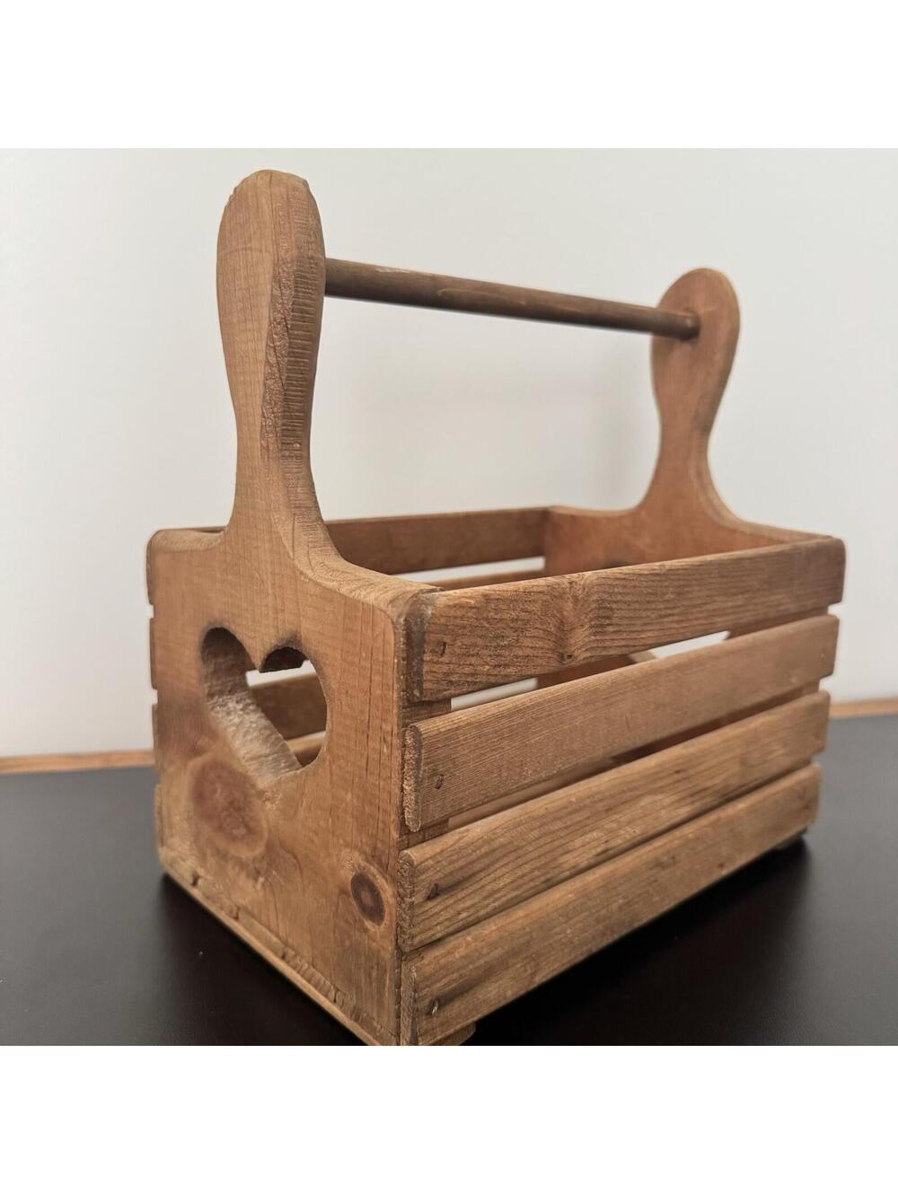 Vintage Wooden Slat Heart Cut-Out Decorative Basket Brown Cottage Farm Country